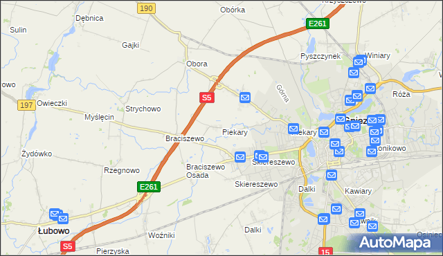 mapa Piekary gmina Gniezno, Piekary gmina Gniezno na mapie Targeo