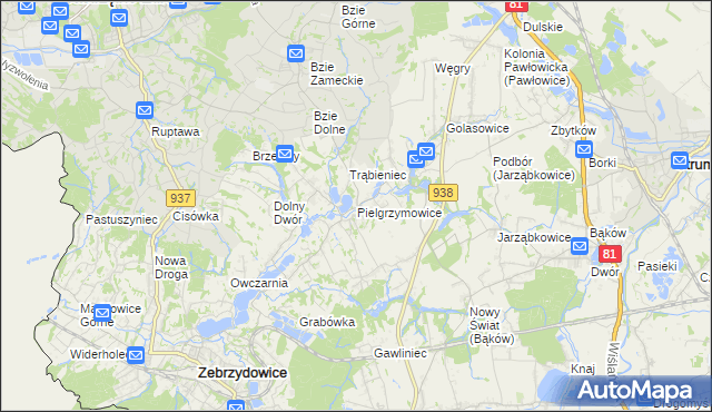 mapa Pielgrzymowice gmina Pawłowice, Pielgrzymowice gmina Pawłowice na mapie Targeo