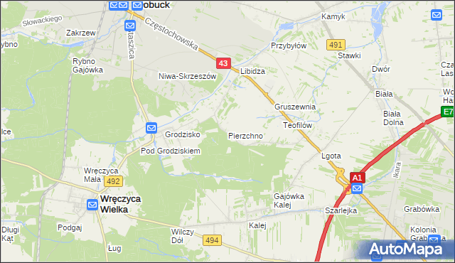 mapa Pierzchno gmina Wręczyca Wielka, Pierzchno gmina Wręczyca Wielka na mapie Targeo