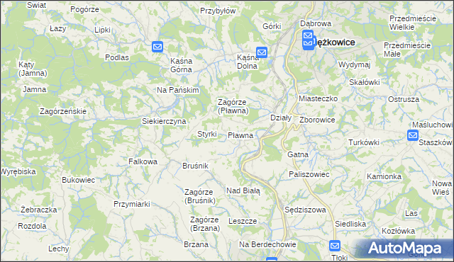 mapa Pławna gmina Ciężkowice, Pławna gmina Ciężkowice na mapie Targeo