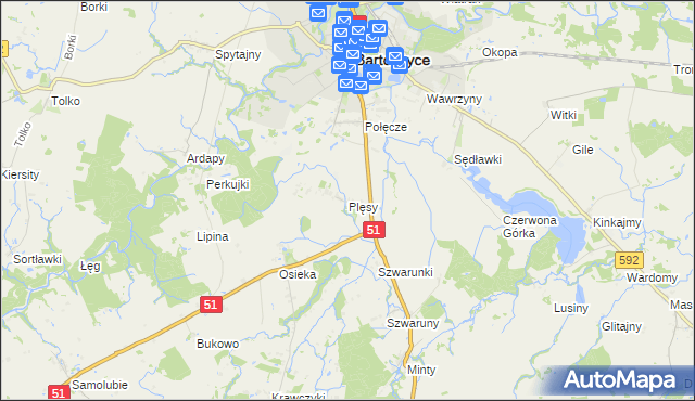 mapa Plęsy gmina Bartoszyce, Plęsy gmina Bartoszyce na mapie Targeo