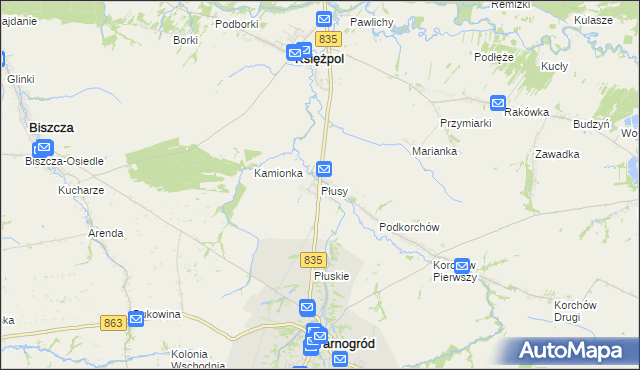 mapa Płusy gmina Księżpol, Płusy gmina Księżpol na mapie Targeo