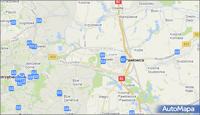 mapa Pniówek gmina Pawłowice, Pniówek gmina Pawłowice na mapie Targeo