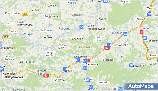 mapa Podchybie gmina Lanckorona, Podchybie gmina Lanckorona na mapie Targeo