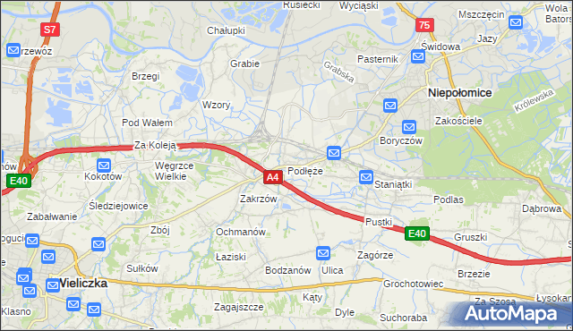 mapa Podłęże gmina Niepołomice, Podłęże gmina Niepołomice na mapie Targeo