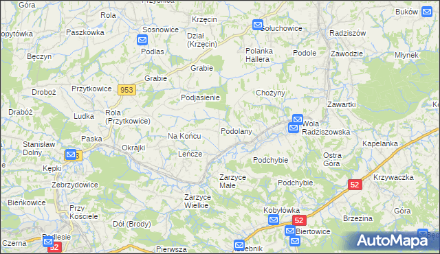mapa Podolany gmina Kalwaria Zebrzydowska, Podolany gmina Kalwaria Zebrzydowska na mapie Targeo