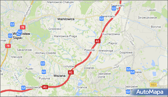 mapa Połomia gmina Mszana, Połomia gmina Mszana na mapie Targeo