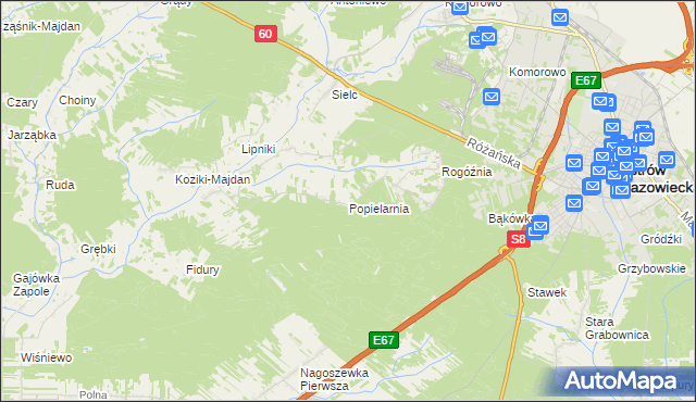 mapa Popielarnia gmina Ostrów Mazowiecka, Popielarnia gmina Ostrów Mazowiecka na mapie Targeo