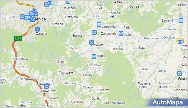 mapa Poręba gmina Myślenice, Poręba gmina Myślenice na mapie Targeo