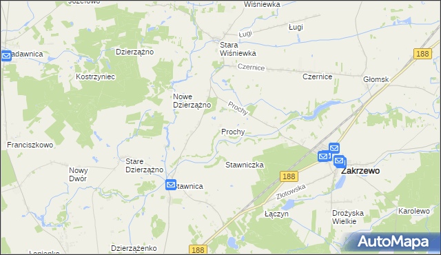 mapa Prochy gmina Zakrzewo, Prochy gmina Zakrzewo na mapie Targeo