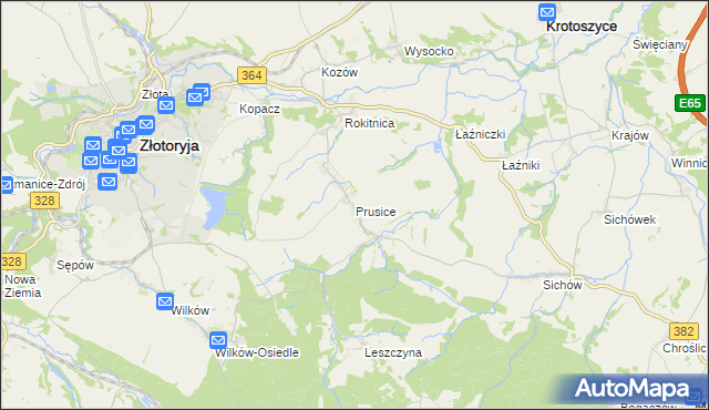 mapa Prusice gmina Złotoryja, Prusice gmina Złotoryja na mapie Targeo
