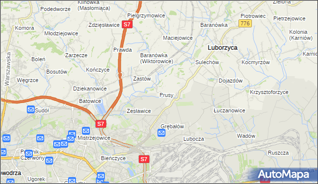 mapa Prusy gmina Kocmyrzów-Luborzyca, Prusy gmina Kocmyrzów-Luborzyca na mapie Targeo