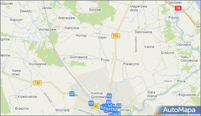 mapa Prusy gmina Warka, Prusy gmina Warka na mapie Targeo