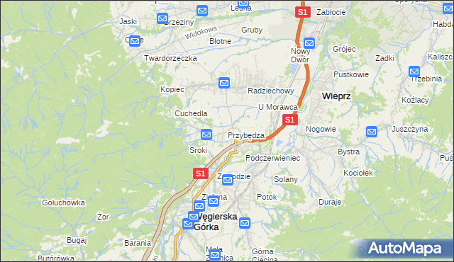 mapa Przybędza, Przybędza na mapie Targeo