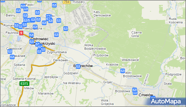 mapa Przyborów gmina Bodzechów, Przyborów gmina Bodzechów na mapie Targeo