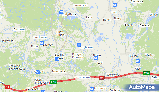 mapa Przyborów gmina Borzęcin, Przyborów gmina Borzęcin na mapie Targeo
