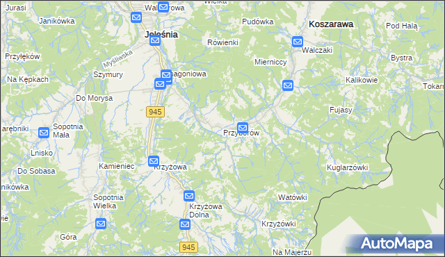 mapa Przyborów gmina Jeleśnia, Przyborów gmina Jeleśnia na mapie Targeo