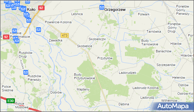 mapa Przybyłów gmina Koło, Przybyłów gmina Koło na mapie Targeo