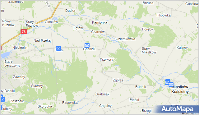 mapa Przykory gmina Miastków Kościelny, Przykory gmina Miastków Kościelny na mapie Targeo