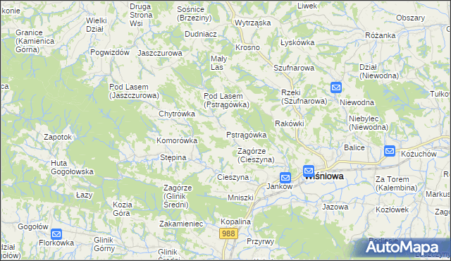 mapa Pstrągówka gmina Wiśniowa, Pstrągówka gmina Wiśniowa na mapie Targeo