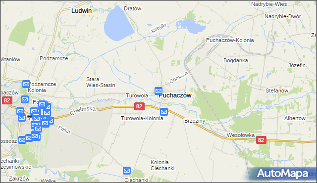 mapa Puchaczów powiat łęczyński, Puchaczów powiat łęczyński na mapie Targeo