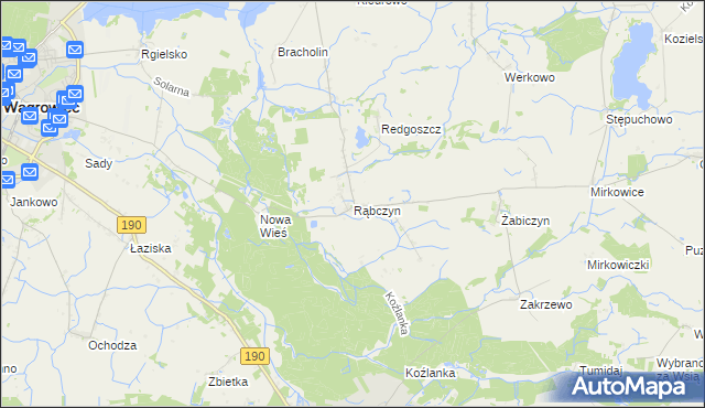 mapa Rąbczyn gmina Wągrowiec, Rąbczyn gmina Wągrowiec na mapie Targeo