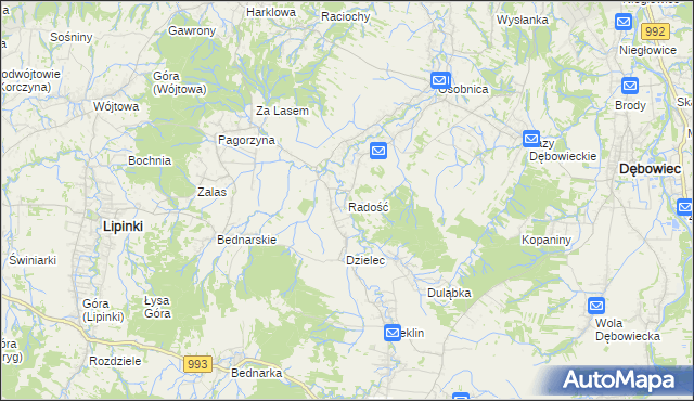 mapa Radość gmina Dębowiec, Radość gmina Dębowiec na mapie Targeo
