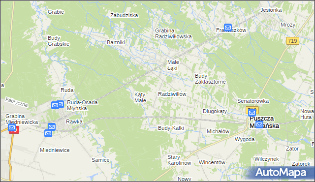 mapa Radziwiłłów gmina Puszcza Mariańska, Radziwiłłów gmina Puszcza Mariańska na mapie Targeo