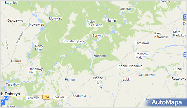 mapa Rodzone gmina Radomin, Rodzone gmina Radomin na mapie Targeo