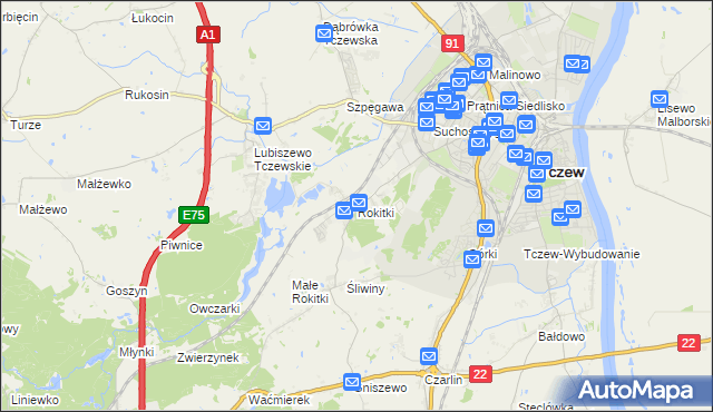 mapa Rokitki gmina Tczew, Rokitki gmina Tczew na mapie Targeo