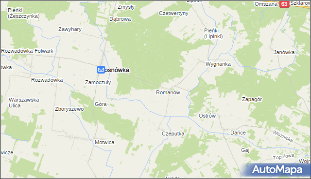 mapa Romanów gmina Sosnówka, Romanów gmina Sosnówka na mapie Targeo
