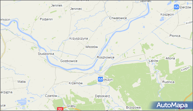 mapa Roszkowice gmina Bogdaniec, Roszkowice gmina Bogdaniec na mapie Targeo