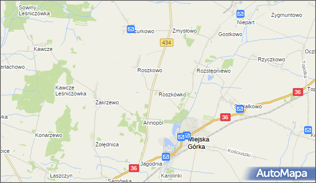 mapa Roszkówko gmina Miejska Górka, Roszkówko gmina Miejska Górka na mapie Targeo
