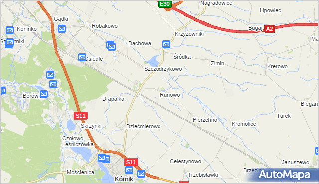 mapa Runowo gmina Kórnik, Runowo gmina Kórnik na mapie Targeo