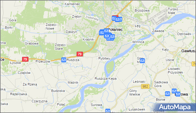 mapa Rybitwy gmina Połaniec, Rybitwy gmina Połaniec na mapie Targeo