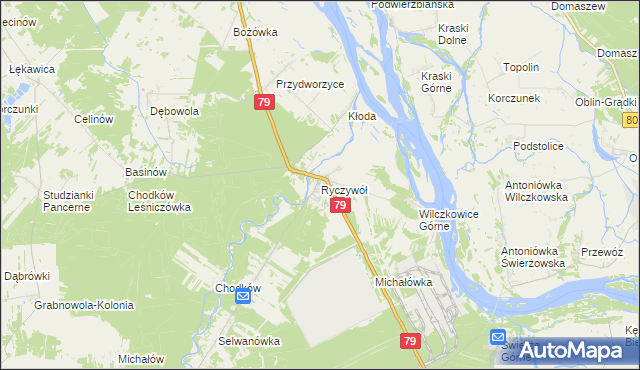 mapa Ryczywół gmina Kozienice, Ryczywół gmina Kozienice na mapie Targeo