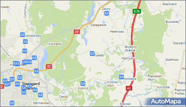 mapa Rywałd gmina Starogard Gdański, Rywałd gmina Starogard Gdański na mapie Targeo