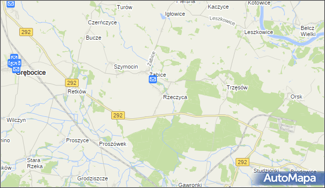 mapa Rzeczyca gmina Grębocice, Rzeczyca gmina Grębocice na mapie Targeo