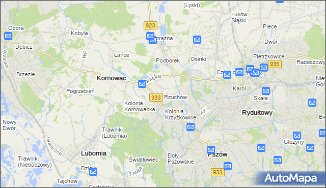 mapa Rzuchów gmina Kornowac, Rzuchów gmina Kornowac na mapie Targeo