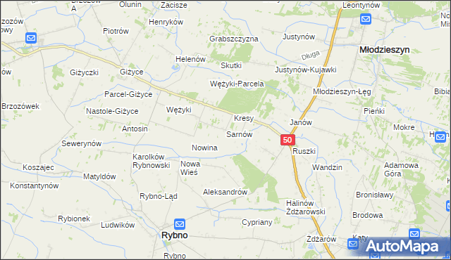 mapa Sarnów gmina Rybno, Sarnów gmina Rybno na mapie Targeo