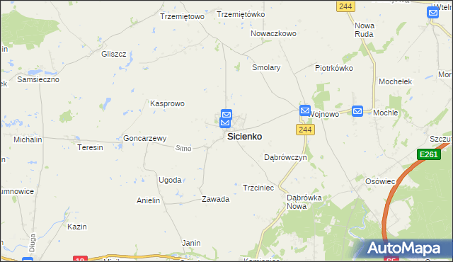 mapa Sicienko powiat bydgoski, Sicienko powiat bydgoski na mapie Targeo