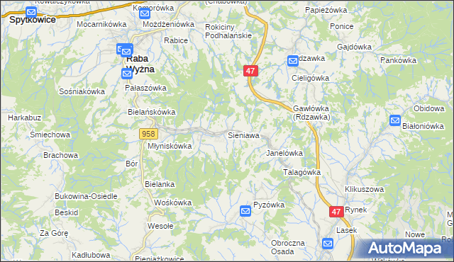 mapa Sieniawa gmina Raba Wyżna, Sieniawa gmina Raba Wyżna na mapie Targeo