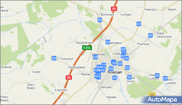mapa Sierakowo gmina Kościan, Sierakowo gmina Kościan na mapie Targeo