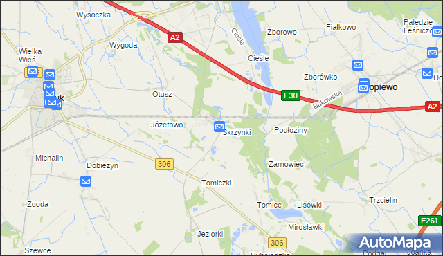 mapa Skrzynki gmina Stęszew, Skrzynki gmina Stęszew na mapie Targeo