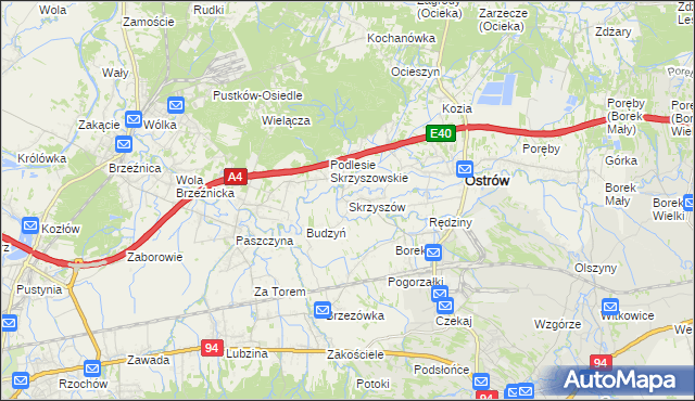 mapa Skrzyszów gmina Ostrów, Skrzyszów gmina Ostrów na mapie Targeo