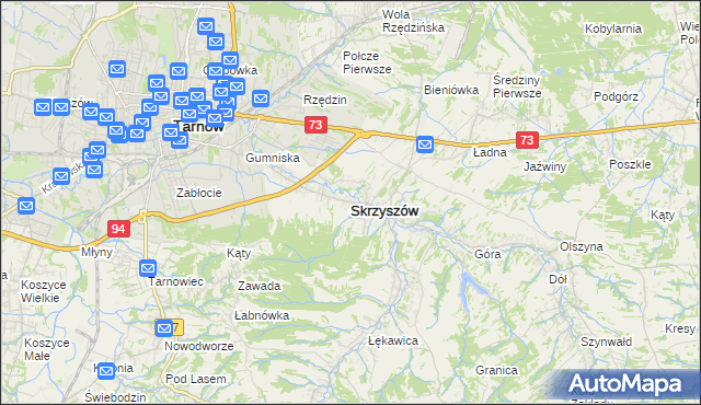 mapa Skrzyszów powiat tarnowski, Skrzyszów powiat tarnowski na mapie Targeo