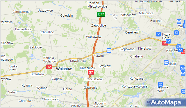 mapa Sławno gmina Wolanów, Sławno gmina Wolanów na mapie Targeo