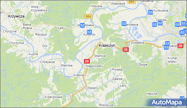 mapa Śliwnica gmina Krasiczyn, Śliwnica gmina Krasiczyn na mapie Targeo