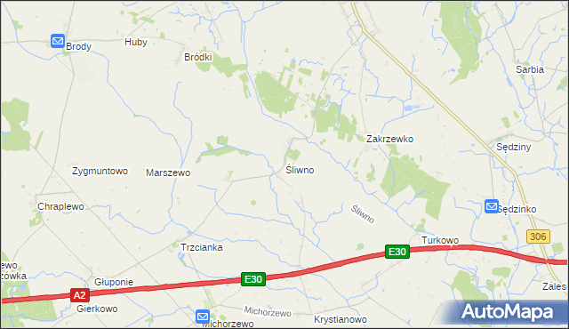 mapa Śliwno gmina Kuślin, Śliwno gmina Kuślin na mapie Targeo