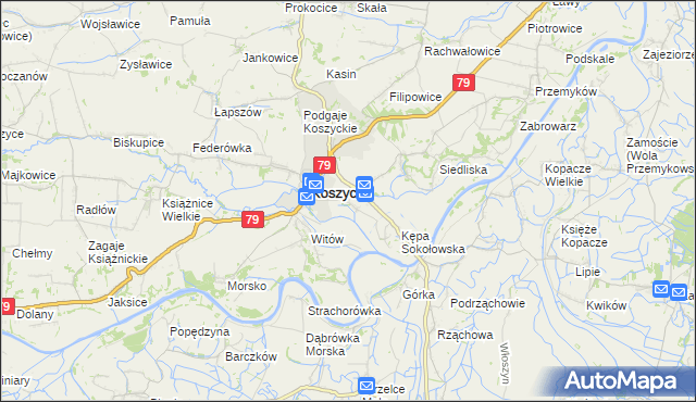 mapa Sokołowice gmina Koszyce, Sokołowice gmina Koszyce na mapie Targeo